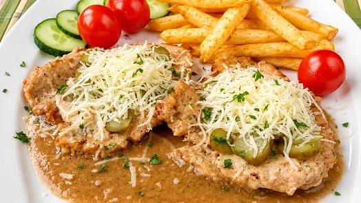 Opečené vepřové švejkovy s omáčkou a bramborovými hranolky.