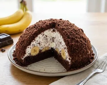 Kousek ovocného cheesecake s banánem na talíři.
